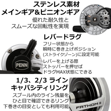 PENN Fathom II reel in action, smooth line release for big-game fishing.