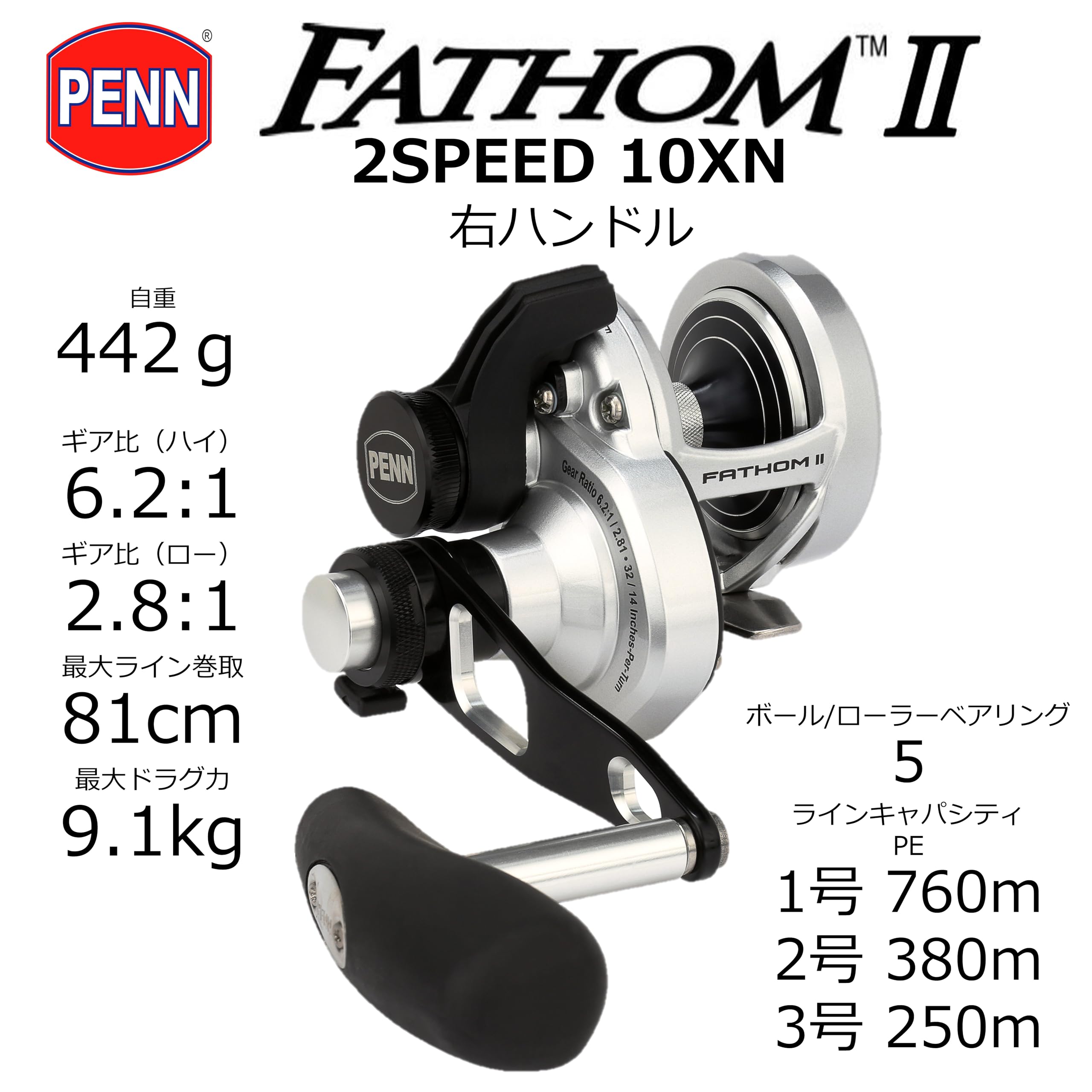 PENN Fathom II side-profile reel, ergonomic grip for steady handling.