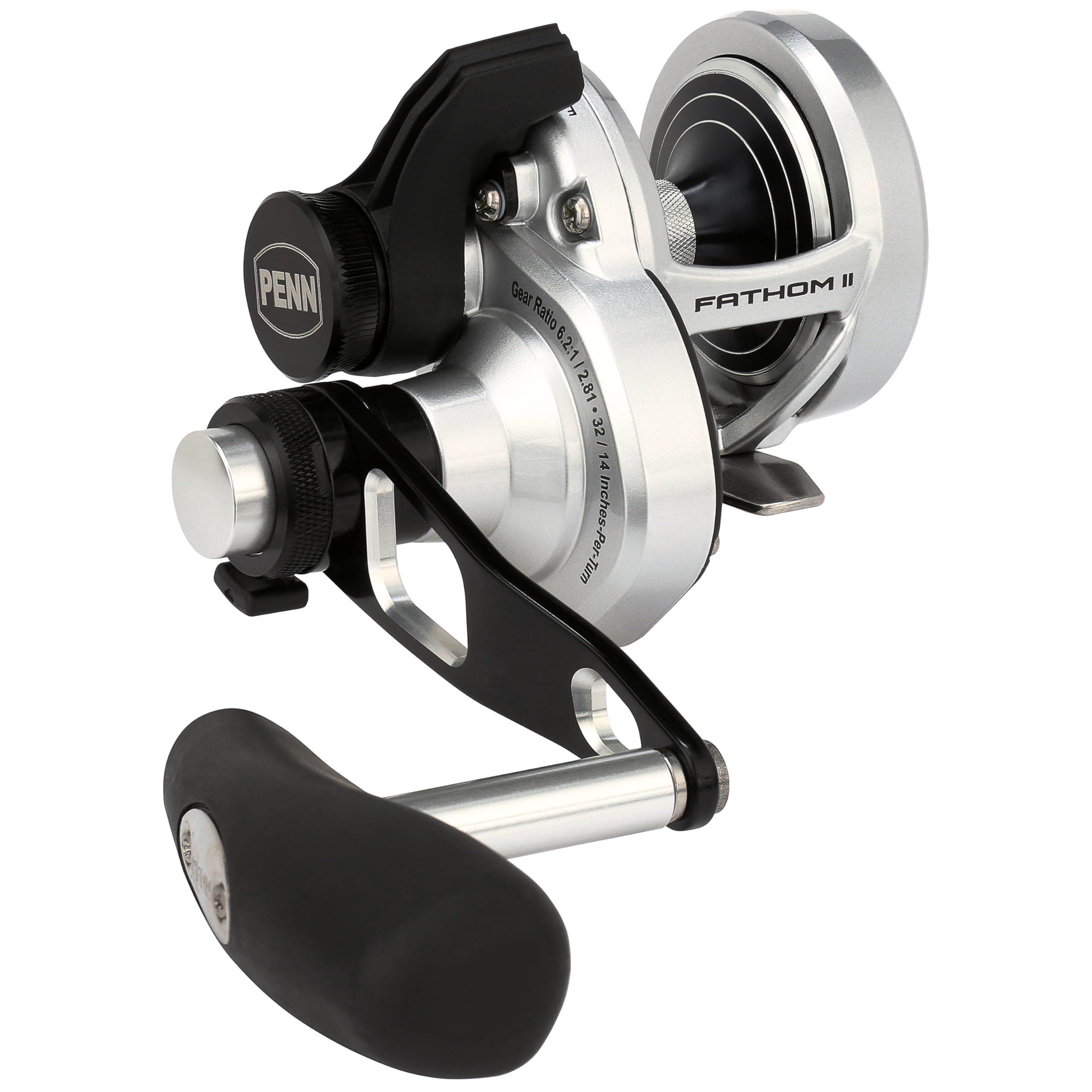 PENN Fathom II lever-drag reel spool closeup, built for tough saltwater fishing.