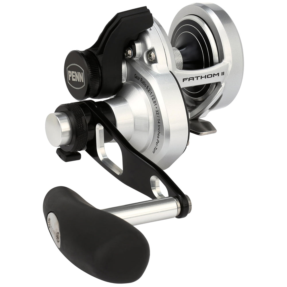 PENN Fathom II lever-drag reel spool closeup, built for tough saltwater fishing.