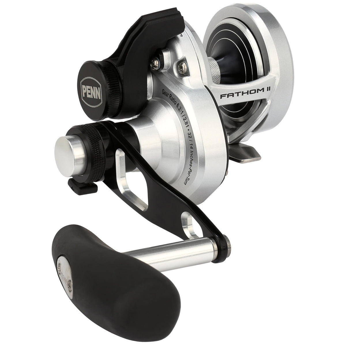 PENN Fathom II lever-drag reel spool closeup, built for tough saltwater fishing.