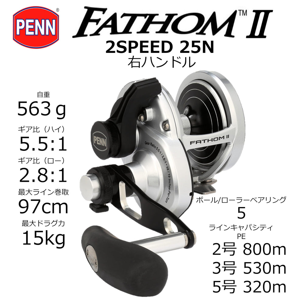 PENN Fathom II side profile emphasizes ergonomic handle for comfortable reel operation.