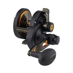PENN Fathom lever-drag 2-speed side view shows rugged all-metal build for heavy-duty saltwater fishing.