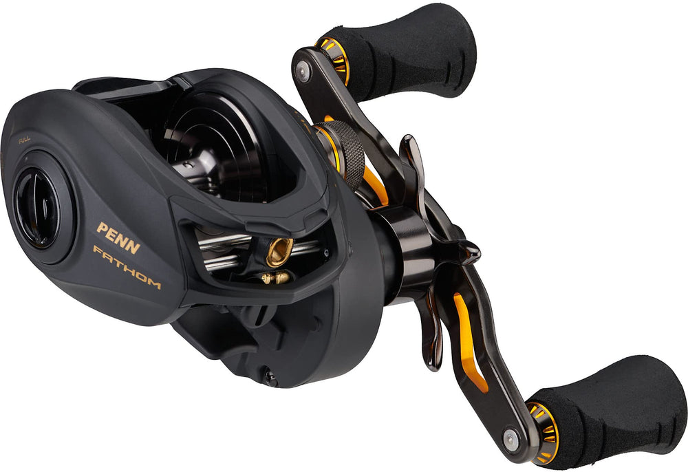 PENN Fathom low profile reel, black and gold, for smooth saltwater casting and reliable performance.