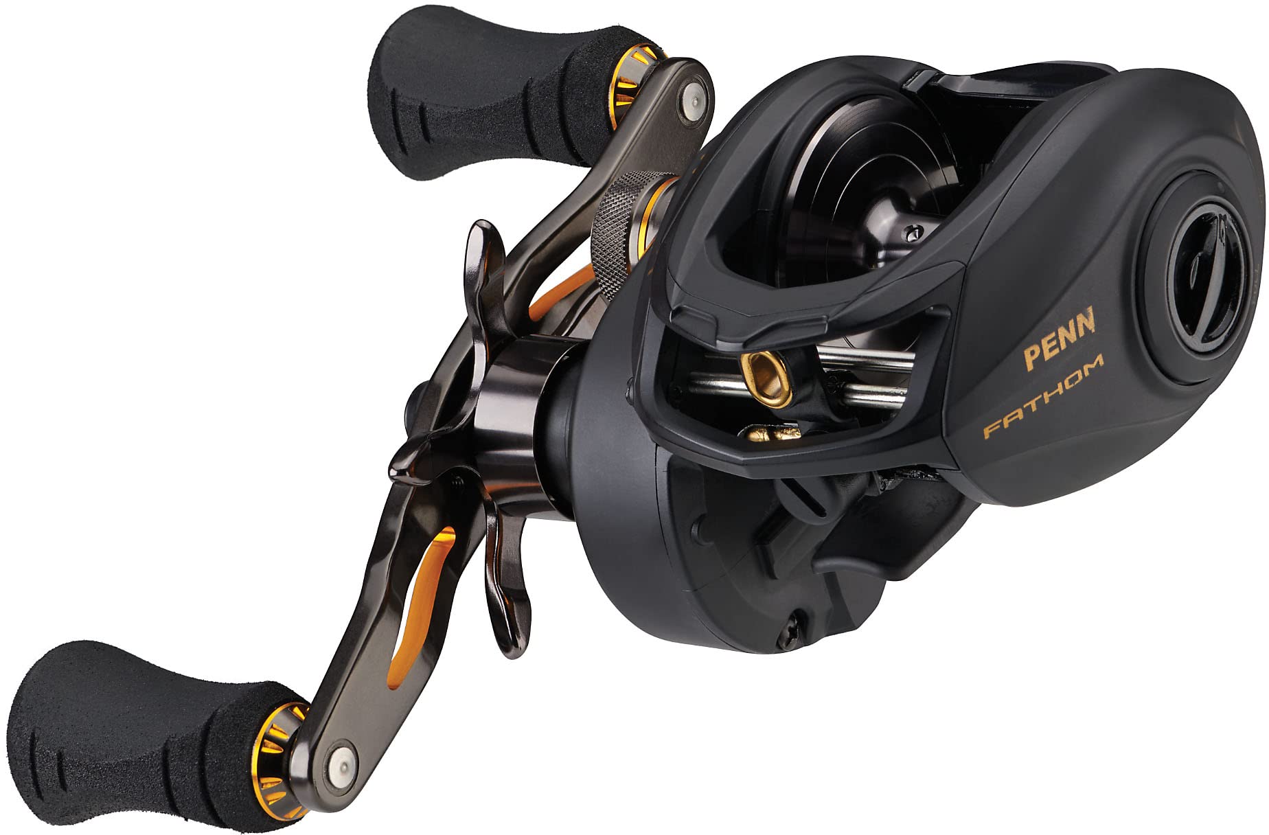 PENN Fathom low-profile reel in black and gold offers saltwater fishing performance.