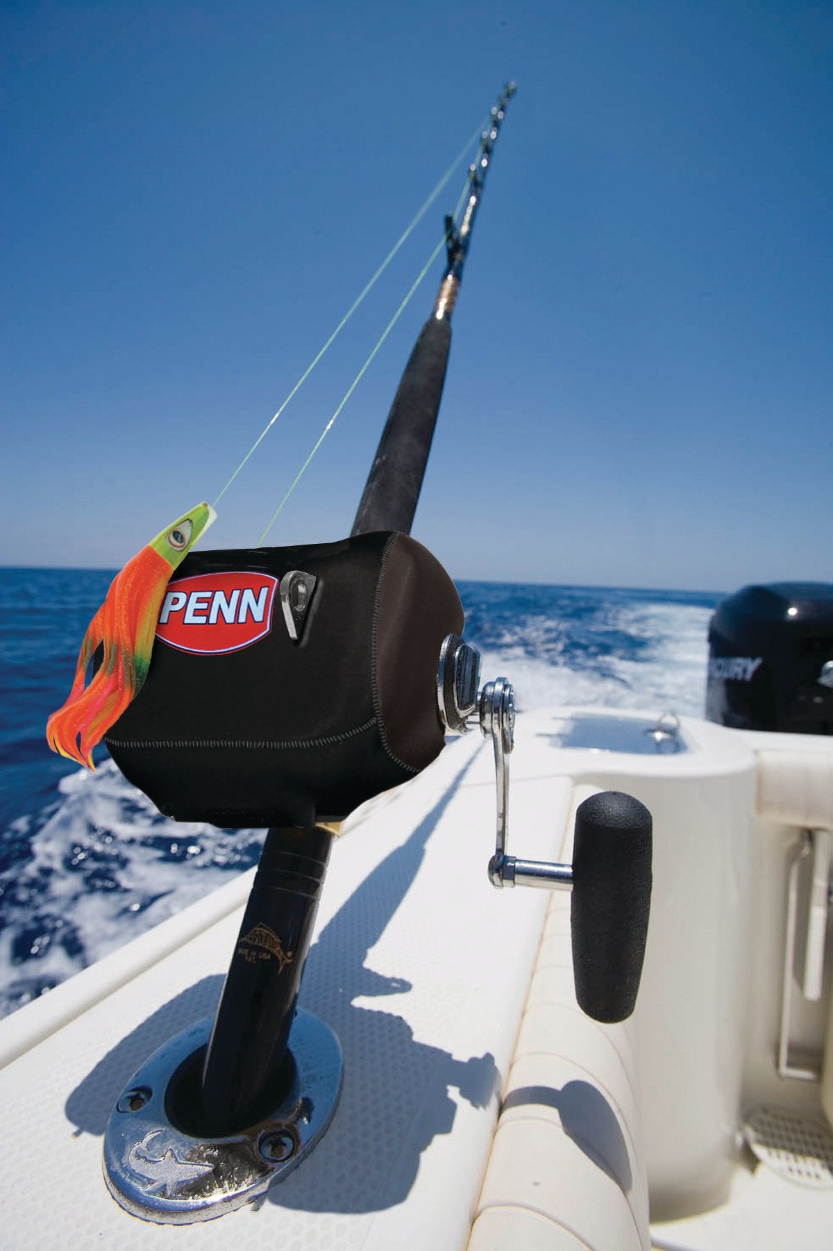 PENN neoprene reel cover close-up shows Velcro closure and lug slots for secure storage.