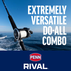 Penn Rival 66 reel image emphasizes lightweight power for durable fishing.