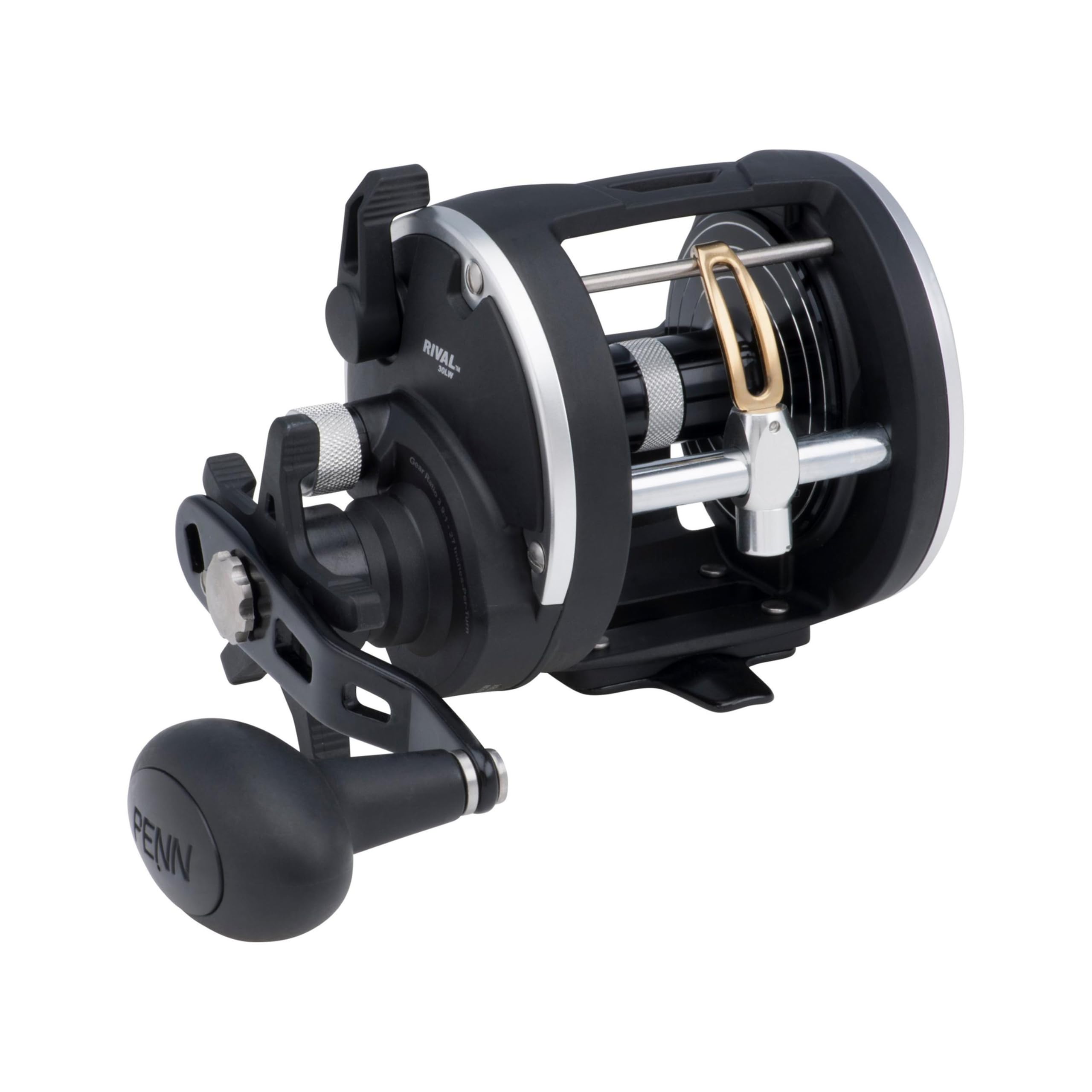 PENN Rival Level Wind reel front view shows lightweight graphite frame for durable saltwater fishing.