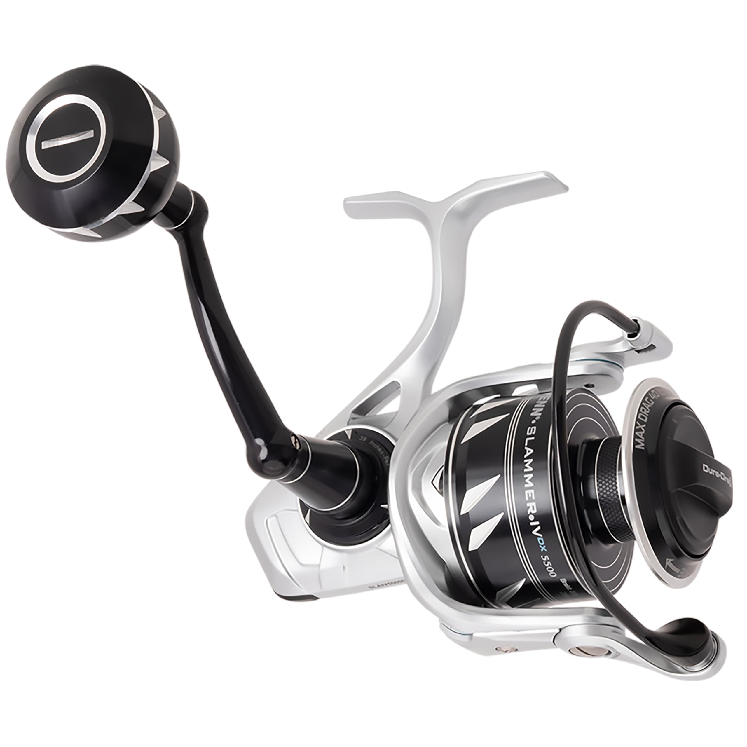 PENN SLAIV5500DX reel front view highlights the sealed body for saltwater durability.