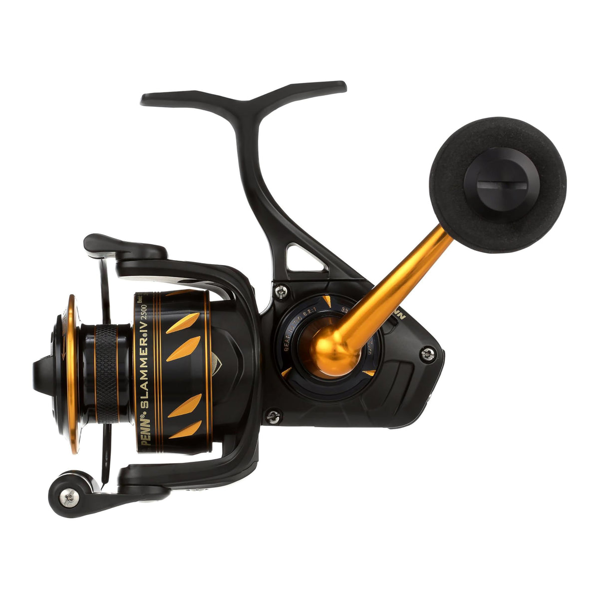 Penn Slammer IV Spinning reel Black Gold finish, 11 oz, side view