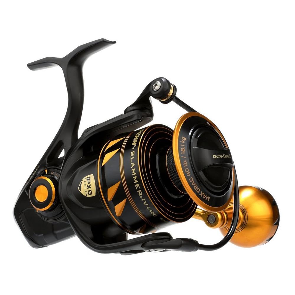 PENN Slammer IV spinning reel side view demonstrates durable frame and corrosion resistance.