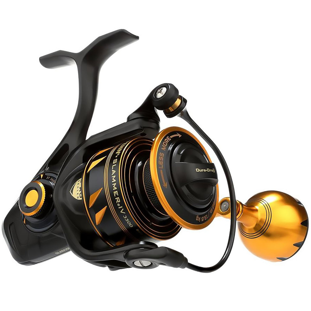 PENN Slammer IV spinning reel front view with black gold finish for saltwater lure fishing.