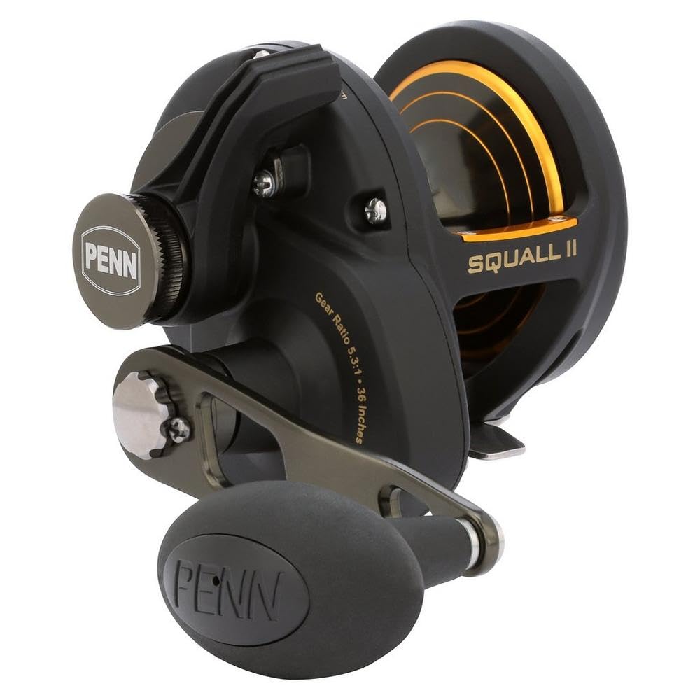 PENN Squall II lever drag reel with graphite frame, lightweight and durable for saltwater trolling.