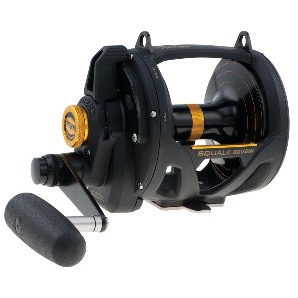 PENN Squall 2-Speed reel front view shows rugged lever-drag for big-game saltwater fishing.