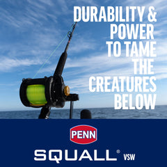 PENN Squall 2-Speed reel side view, highlighting compact graphite frame and corrosion resistance.
