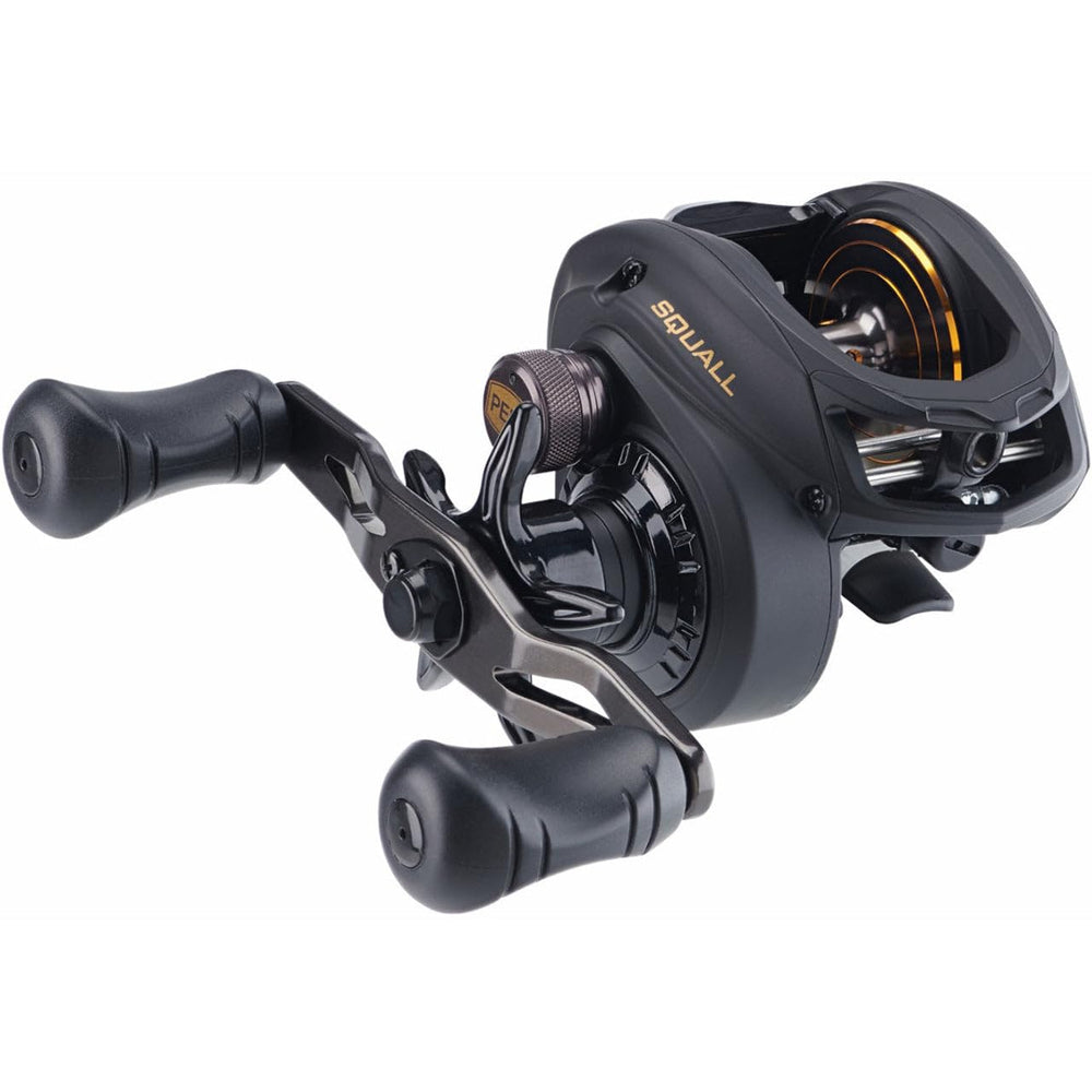 PENN Squall Low Profile Reel Black Smoke side view highlights compact, easy-to-handle casting