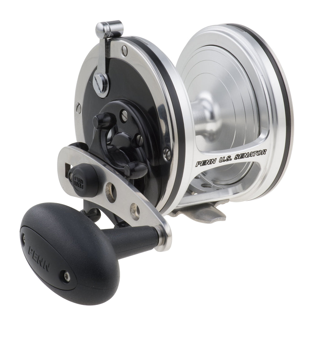 PENN US Senator 113N fishing reel, black and silver, balanced feel for precise retrieves.