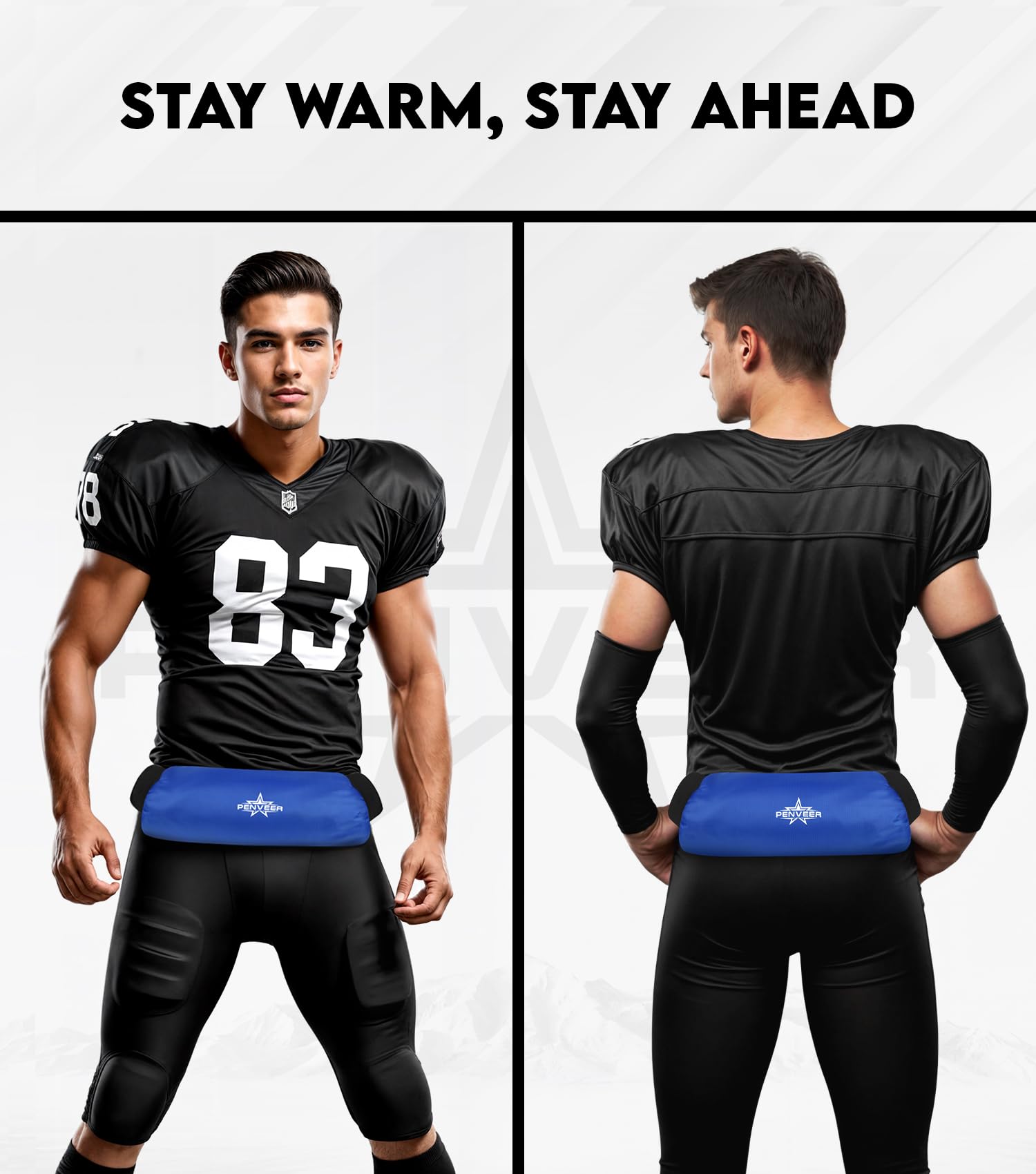 Penveer football hand warmer on-field use shown with waist belt for hands-free warmth.
