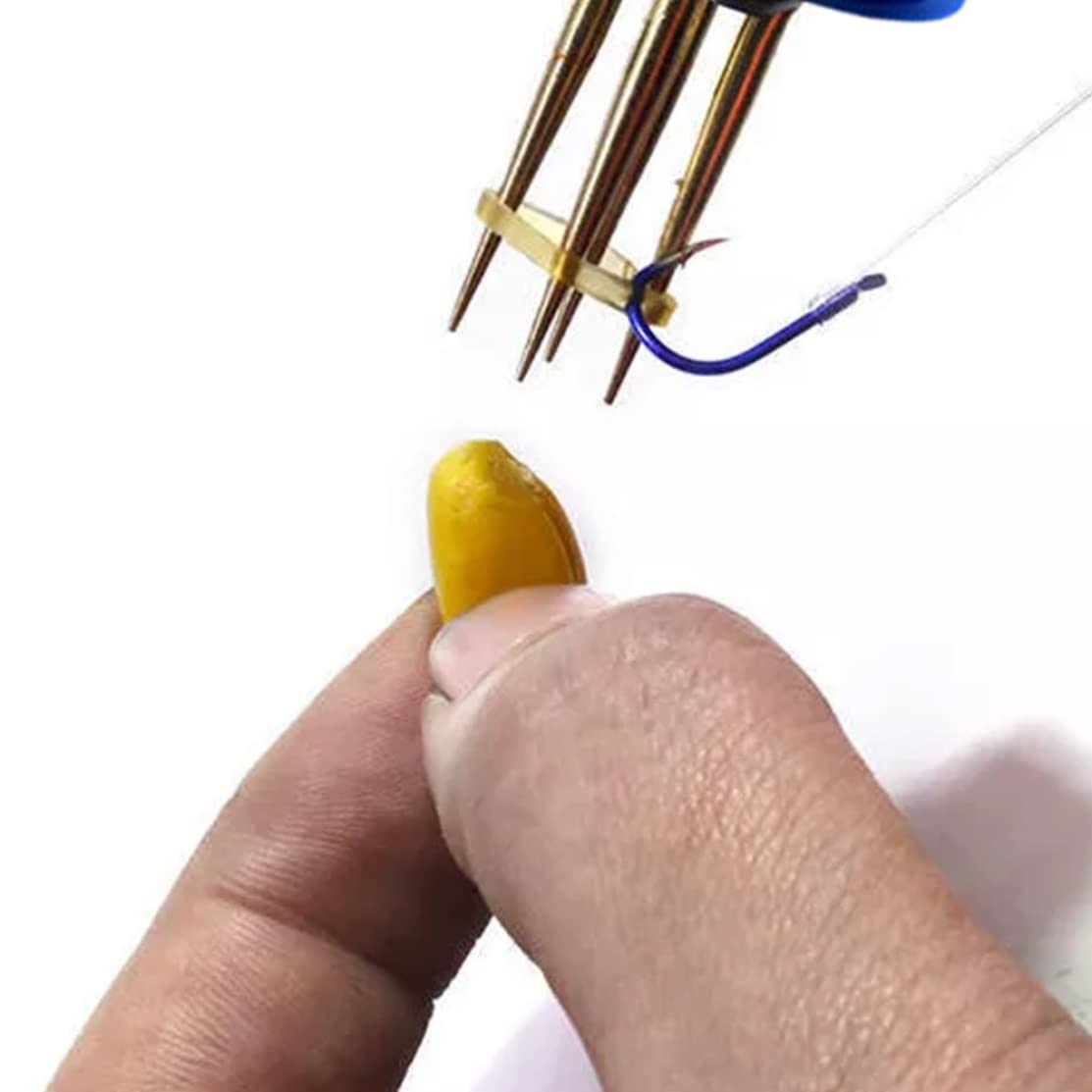 Peosaard Pellet Bander in use showing quick three-second bait attachment.