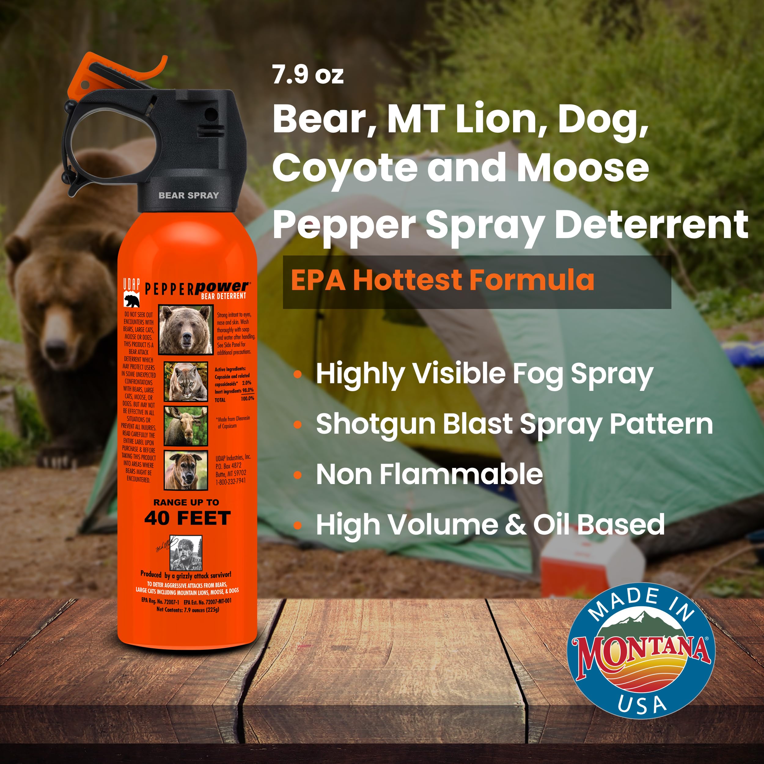 Pepper Power safety orange canister stands out for fast identification.
