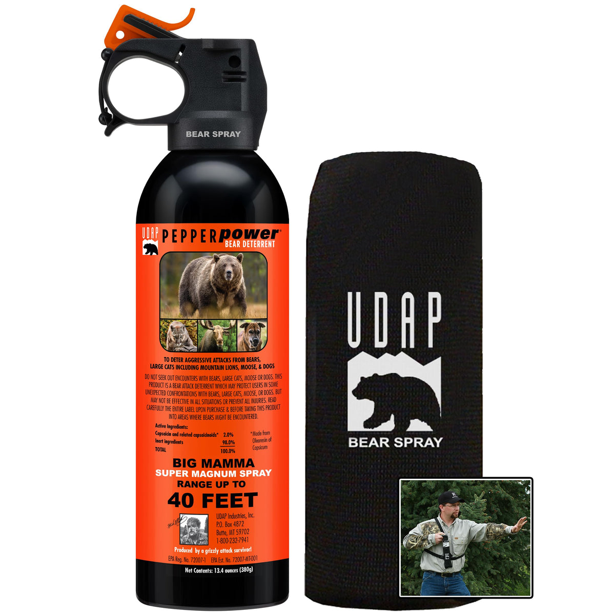 Pepper Power UDAP 18CP Super Magnum bear spray front view, large 13.4 oz deterrent.