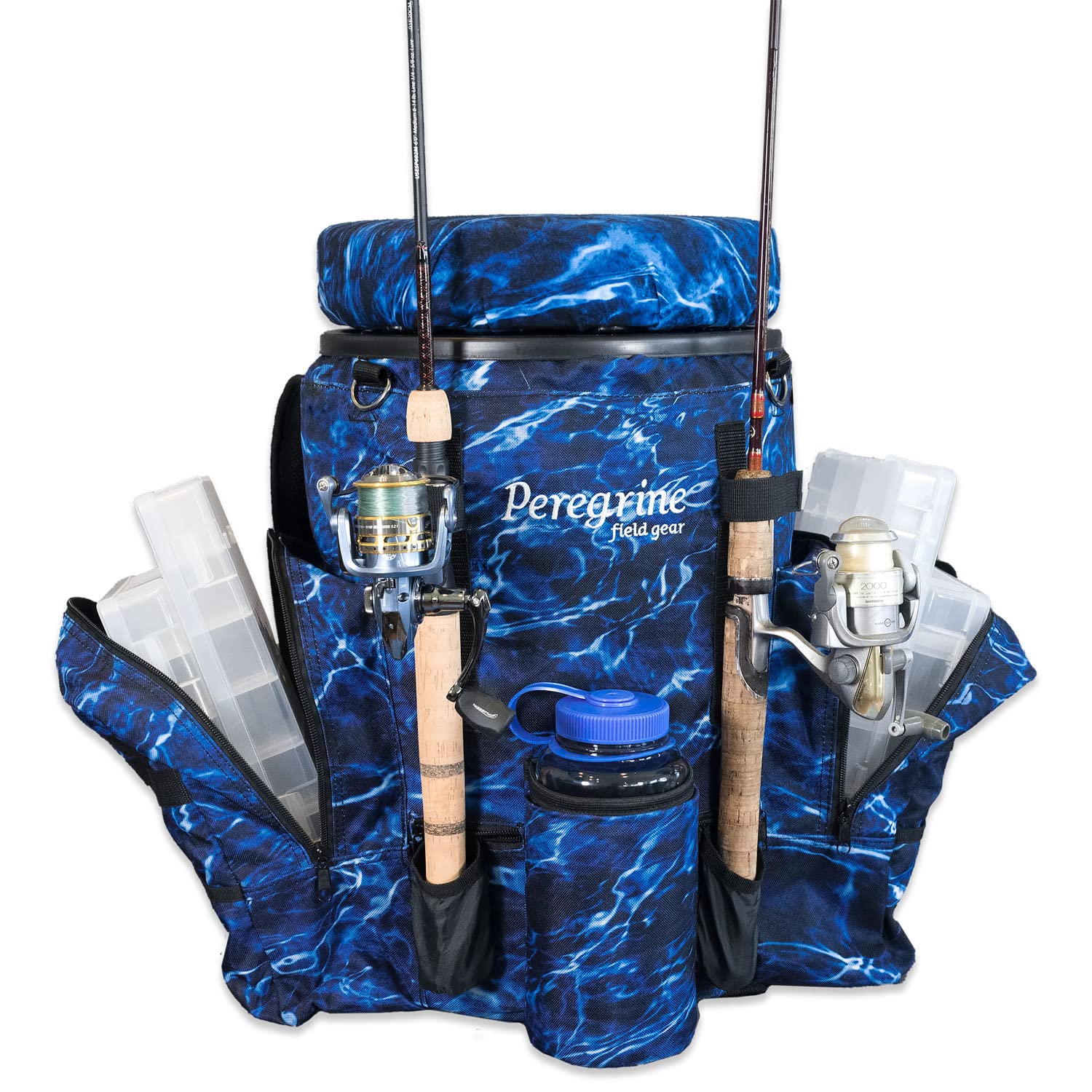Peregrine Field Gear Venture Bucket Pack Pro front view in Marlin camo for all-day fishing comfort.