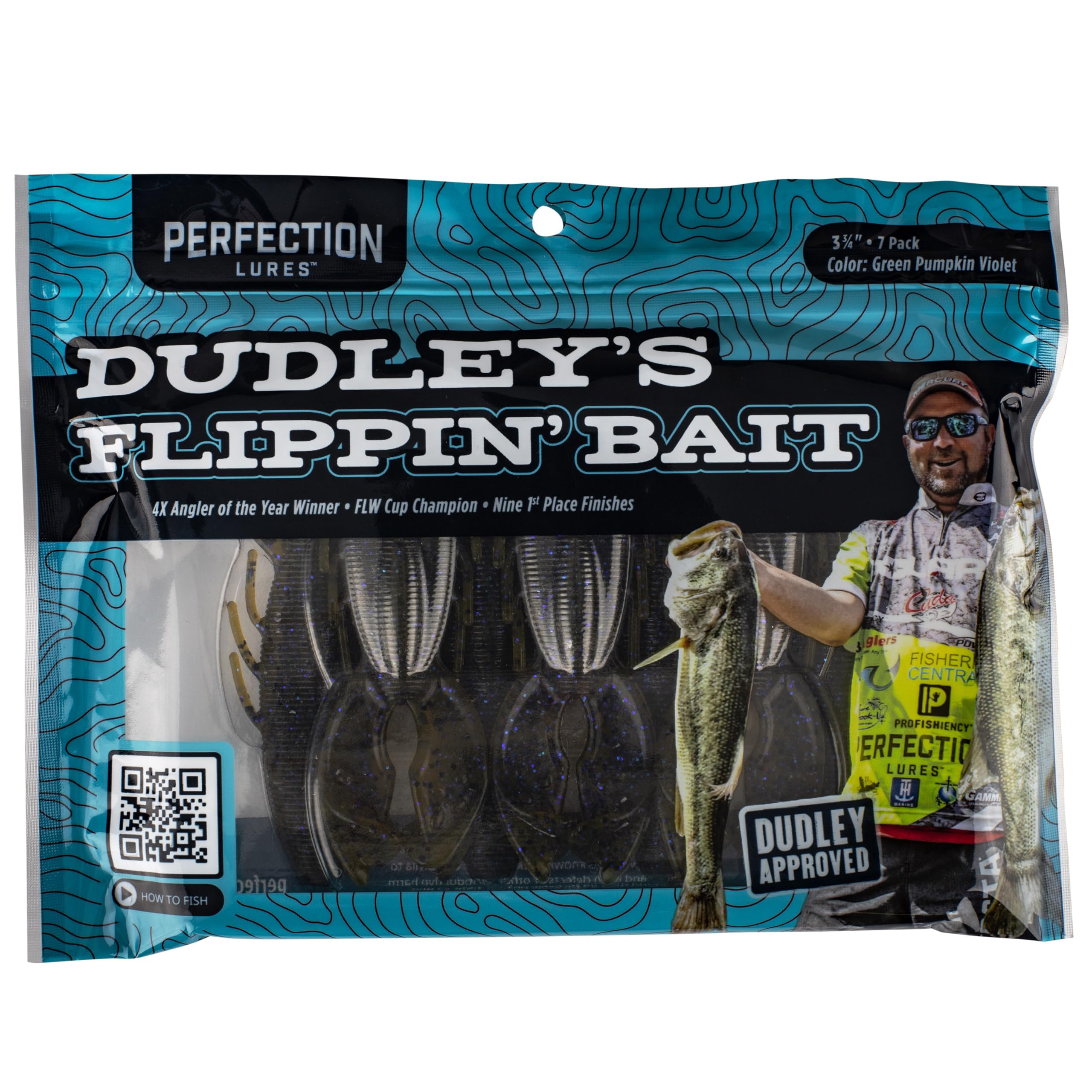 Perfection Lures Dudley's 3.75-inch bait color detail in green pumpkin violet for water clarity.