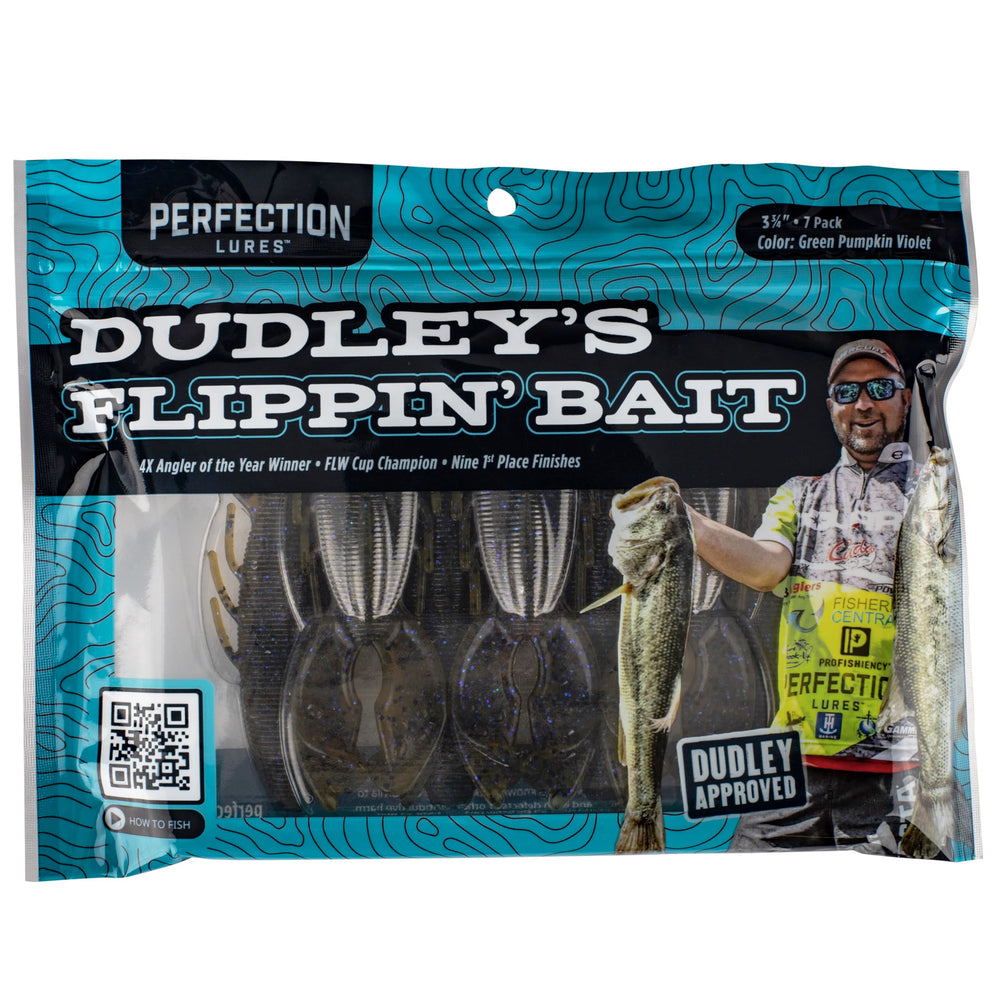 Perfection Lures Dudley's 3.75-inch bait color detail in green pumpkin violet for water clarity.