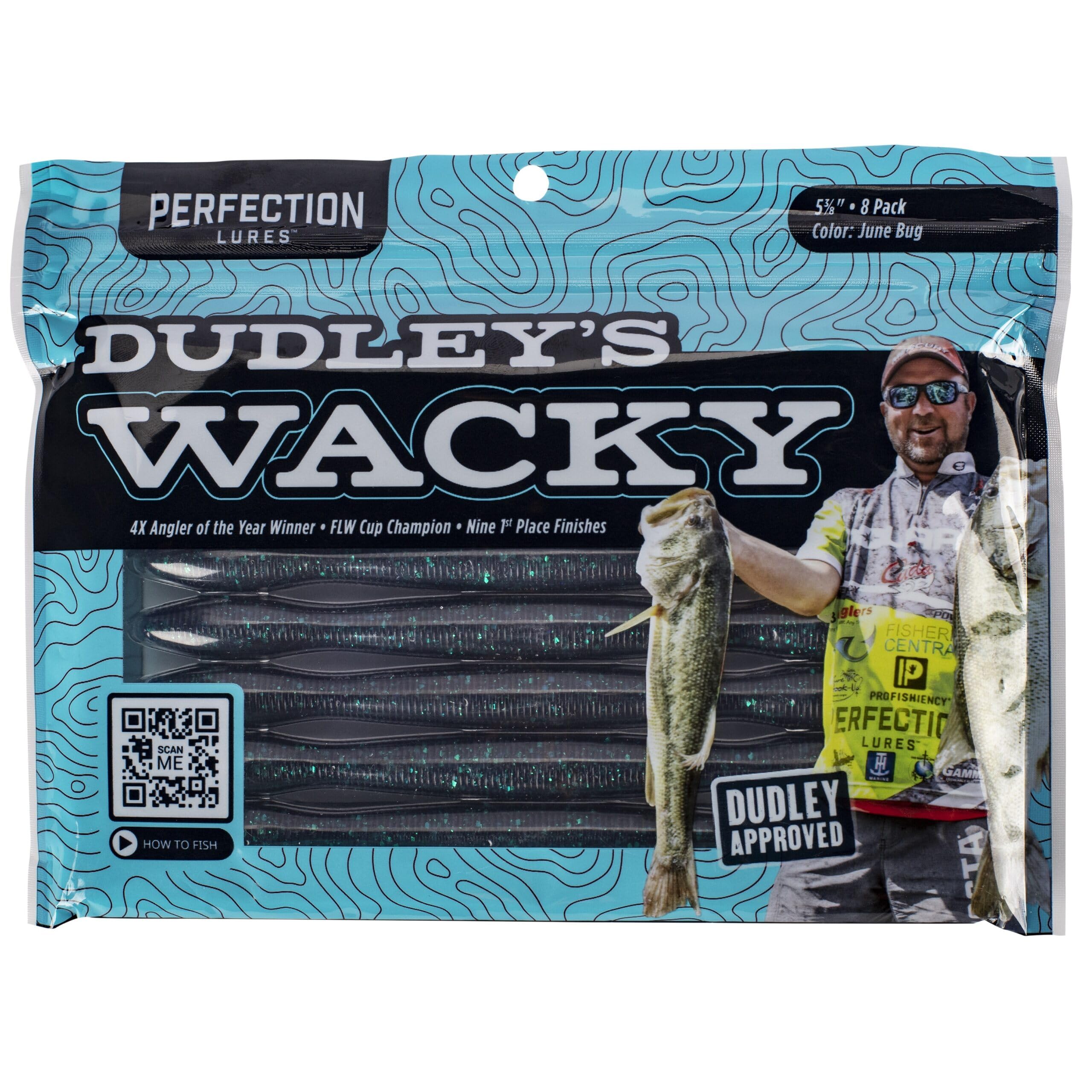 Perfection Lures Dudley's Wacky Worm Junebug slow fall action for bass.