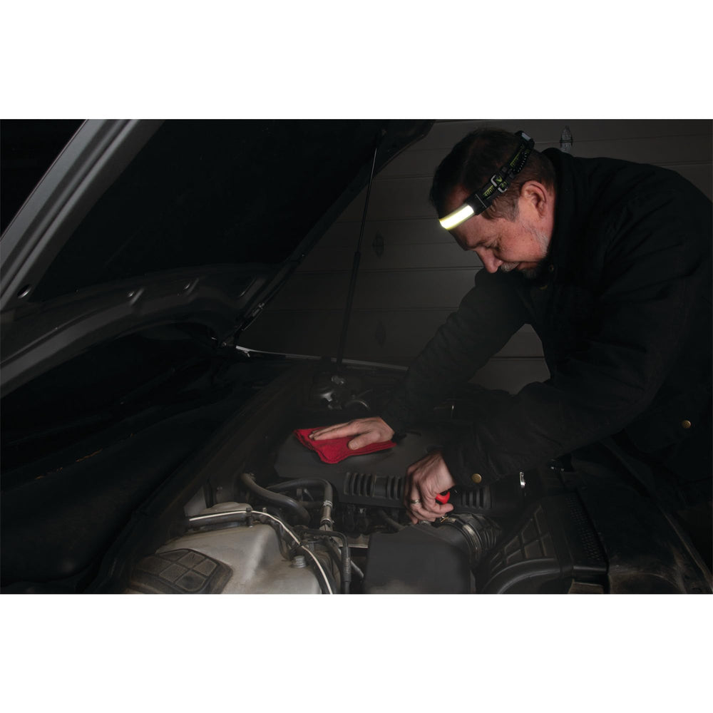 Performance Tool W2681 night setup showing headlamp in low-light conditions