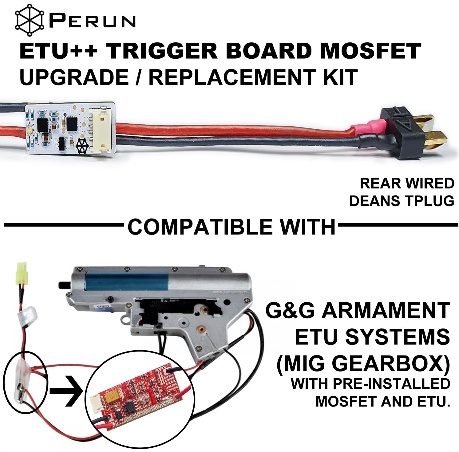 Perun ETU++ rear-wired Deans connector enables reliable power connection.
