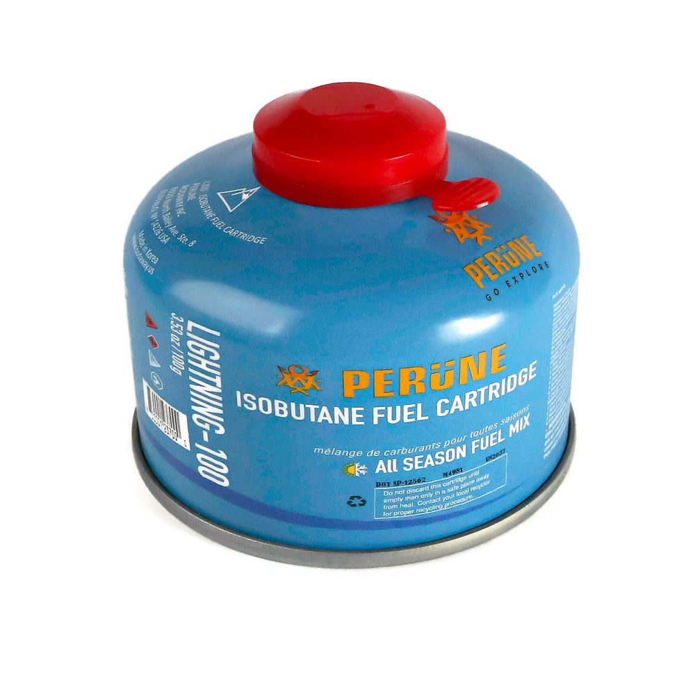 Perune iso-butane camping fuel canister ready for stove use, delivering steady heat for meals.