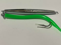 PESCALOX diamond jigs green 3oz hook closeup shows the 9/0 hook and rugged construction.