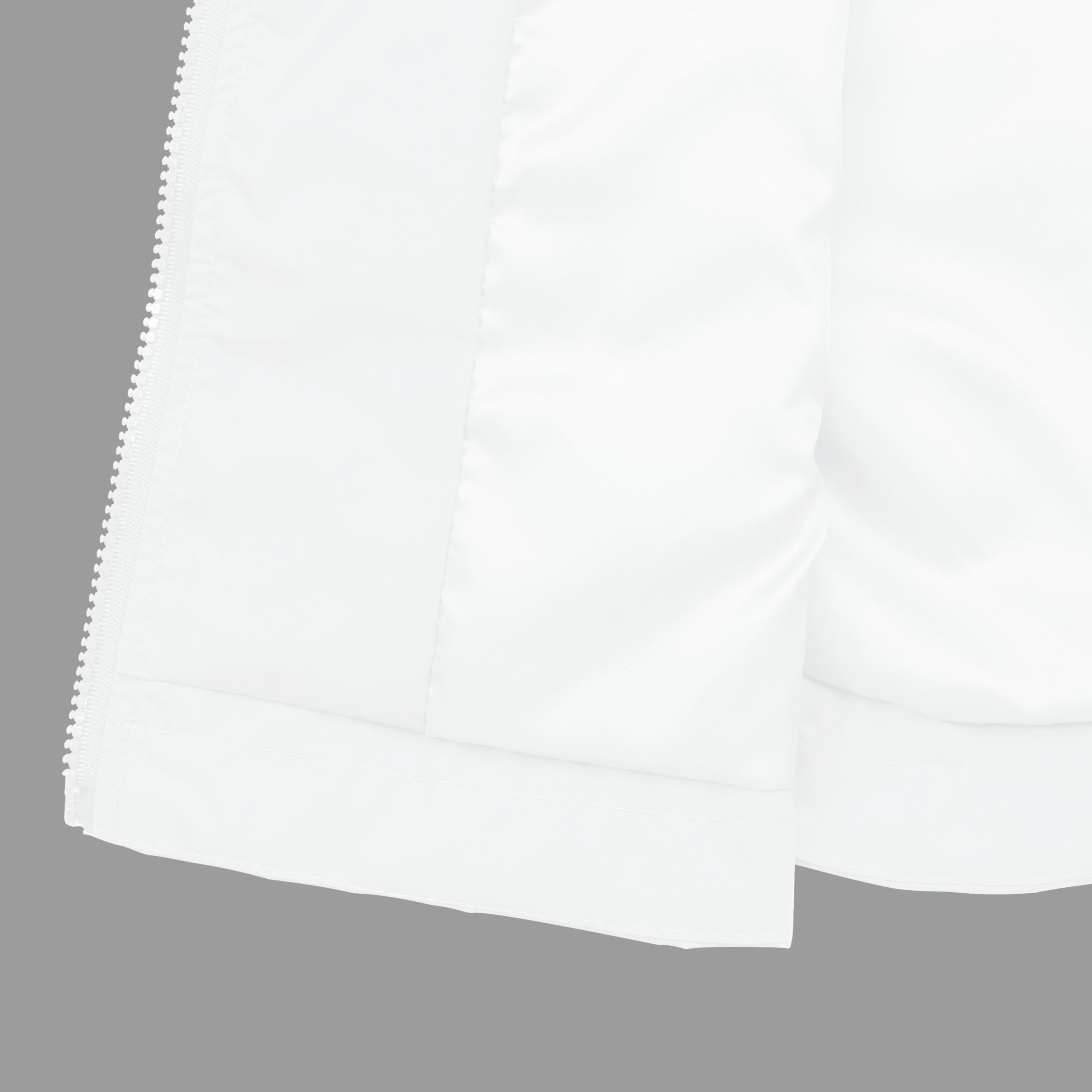 PESION white rain jacket shows hood and drawstring for secure fit.