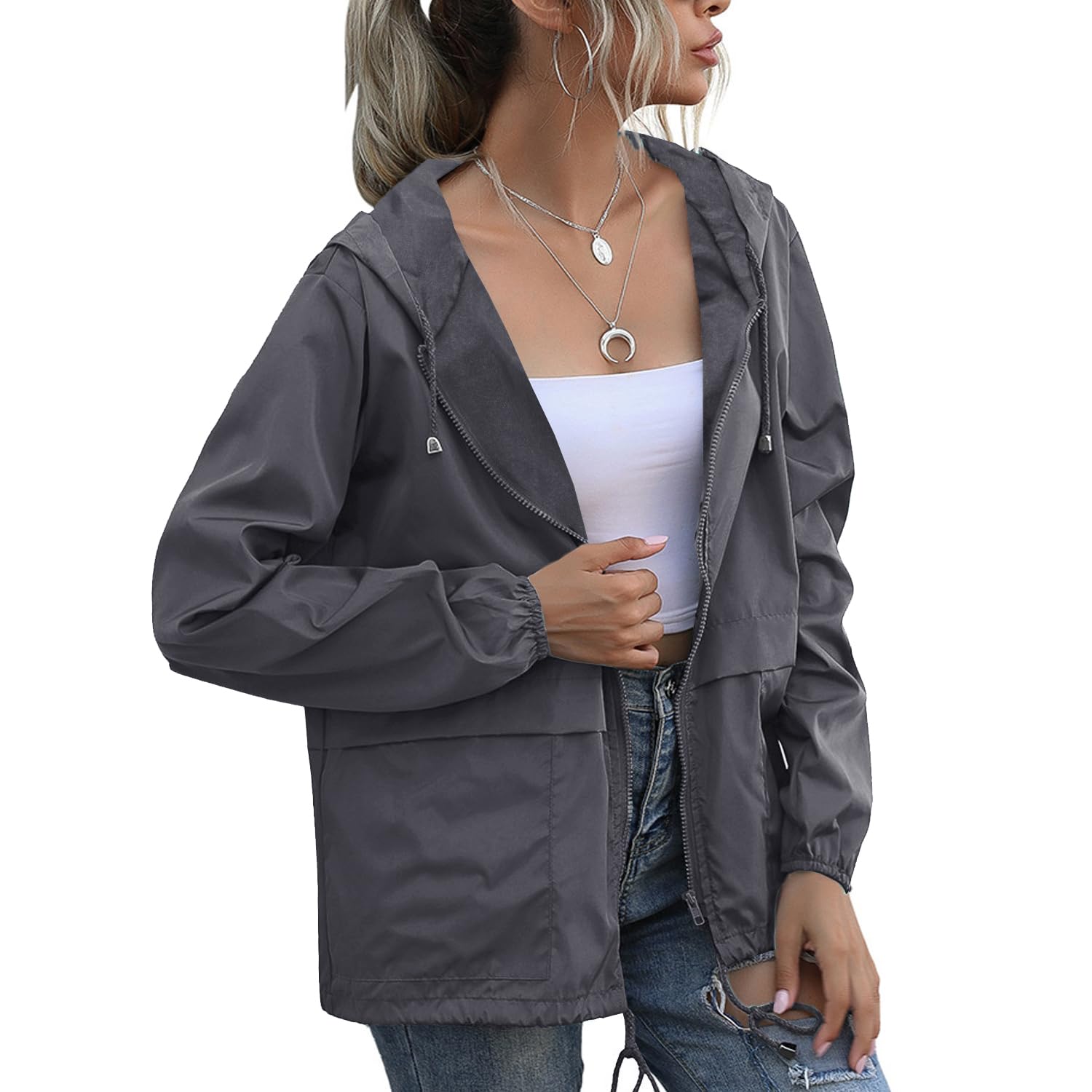PESION women's rain jacket hood detail showing adjustable coverage for showers