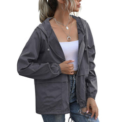PESION women's rain jacket hood detail showing adjustable coverage for showers