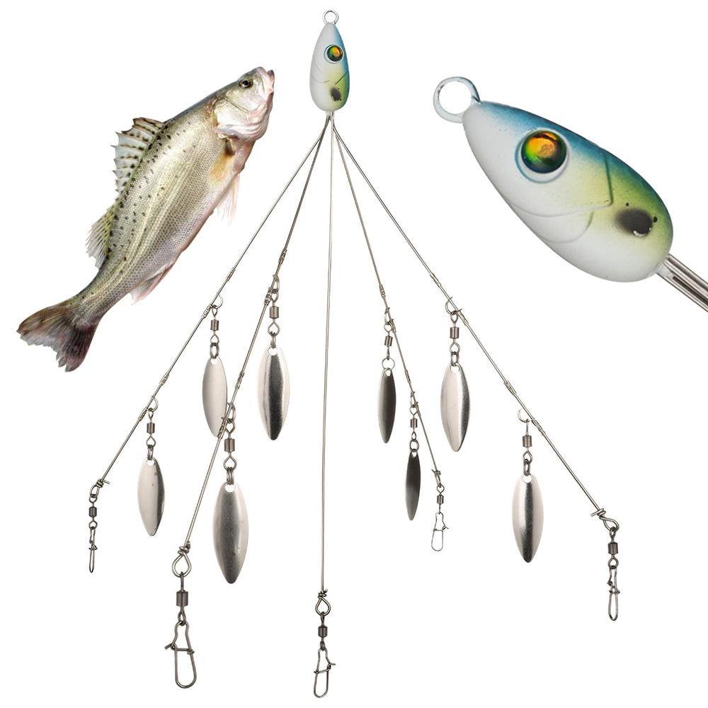 Pesoncarl umbrella rig with bottom hooks allows easy bait replacement and quick customization.