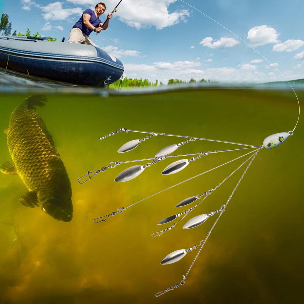 Pesoncarl umbrella rig with 8 willow blades delivers lifelike motion in freshwater and saltwater.