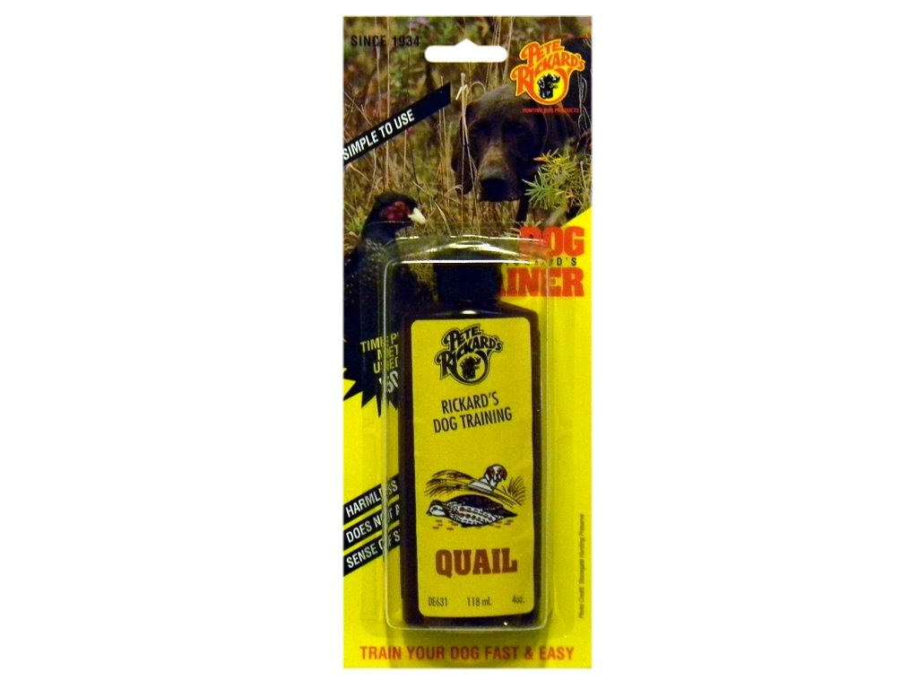 Pete Rickard's Quail Dog Training Scent bottle for effective conditioning during hunts.