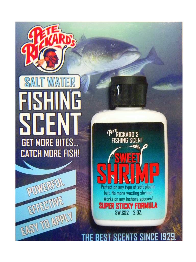 Bottle of Pete Rickard's Saltwater Sweet Shrimp Fishing Scent attractant (2 oz) for inshore fishing