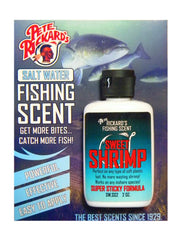 Bottle of Pete Rickard's Saltwater Sweet Shrimp Fishing Scent attractant (2 oz) for inshore fishing