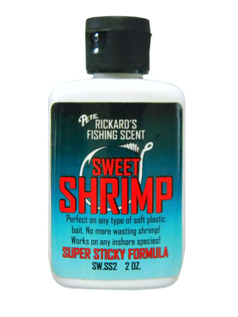 Close-up of the Sweet Shrimp scent bottle and label for inshore fishing
