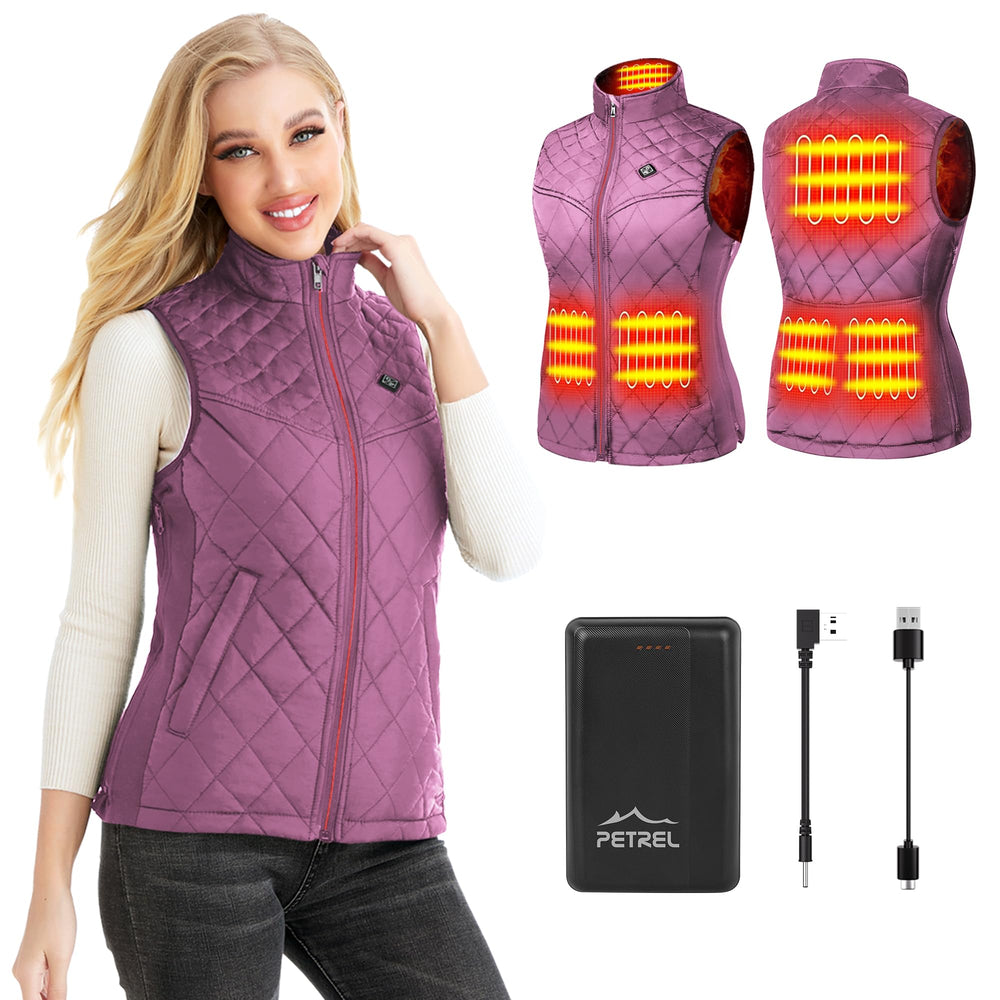 PETREL heated vest for women with battery pack shown during chilly morning commute.