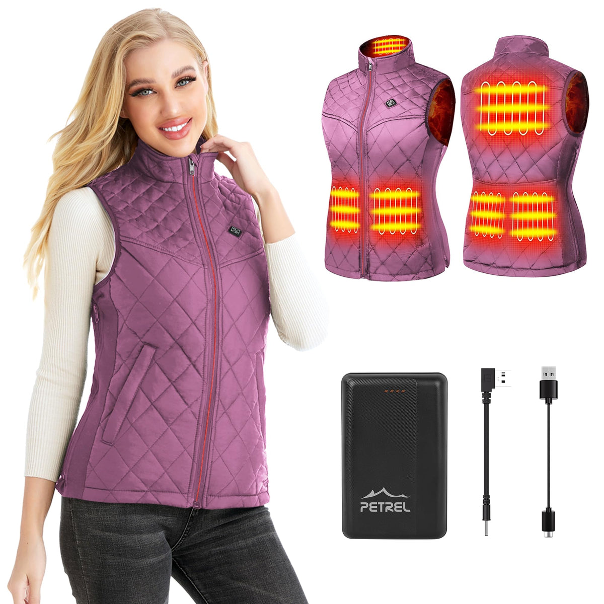 PETREL heated vest for women with battery pack shown during chilly morning commute.
