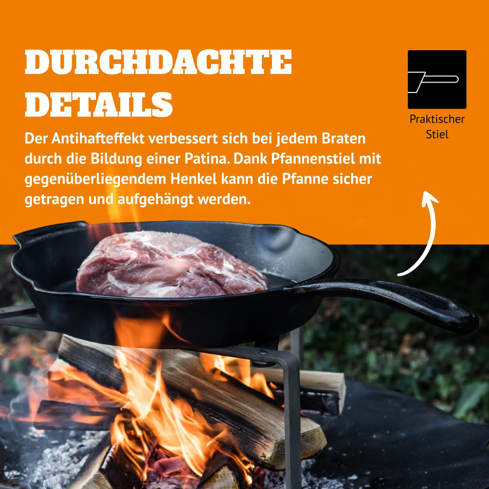 Petromax skillet enables braising, frying, and roasting with direct heat and warmth retention.