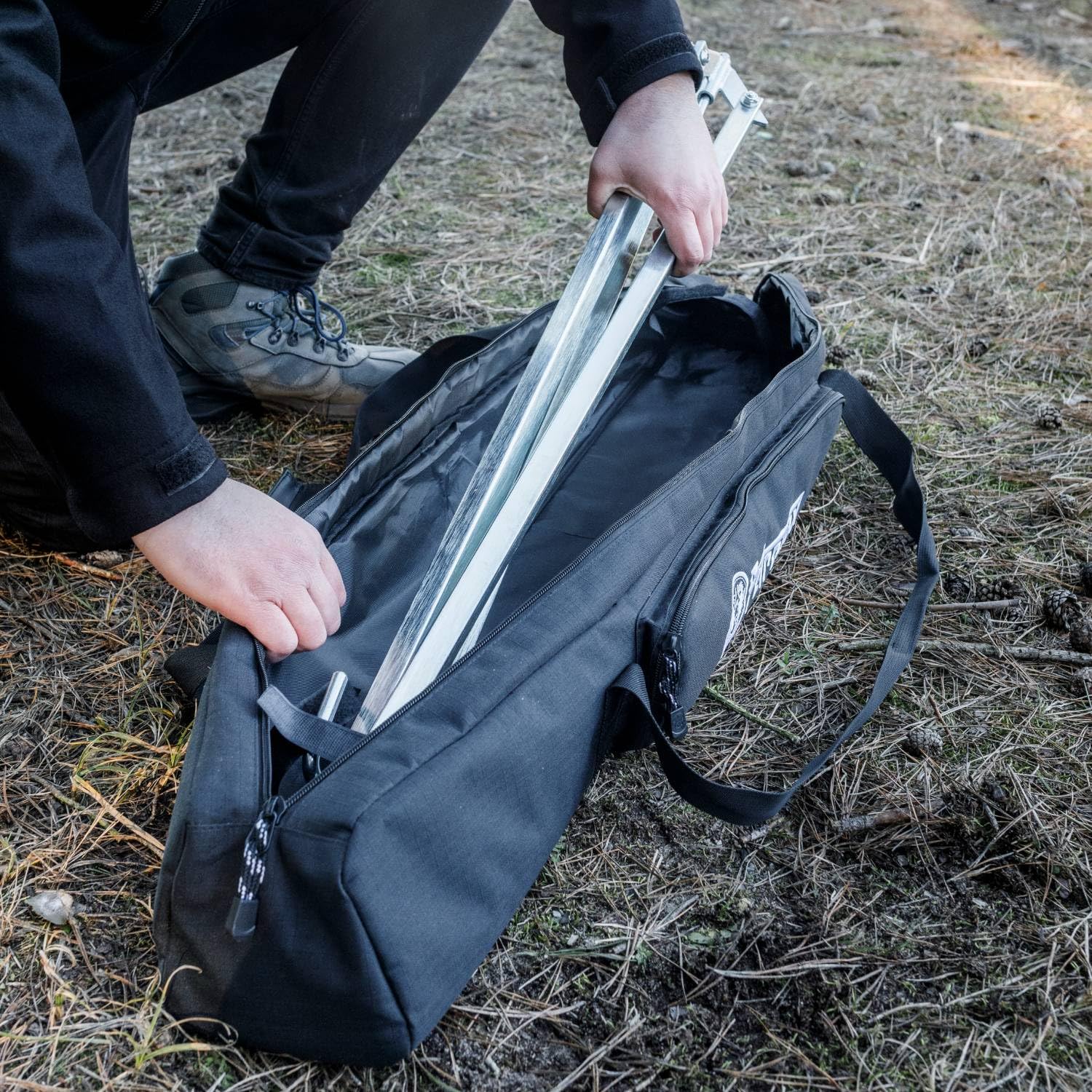 Petromax Cooking Tripod Bag external pocket and mesh pockets for extra storage
