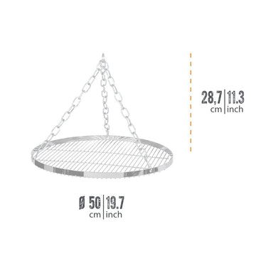 Petromax cooking tripod setup with grate and chains for adjustable flame distance.