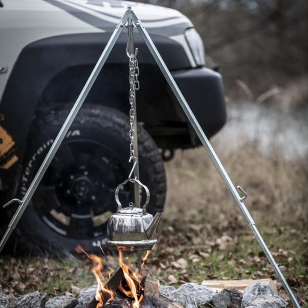 Petromax Dutch oven hanging setup for easy campfire cooking.