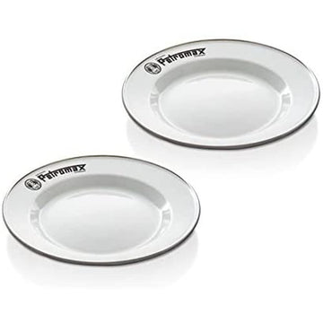 Petromax enamel plate set in white, 8.6-inch, lightweight for camping meals.