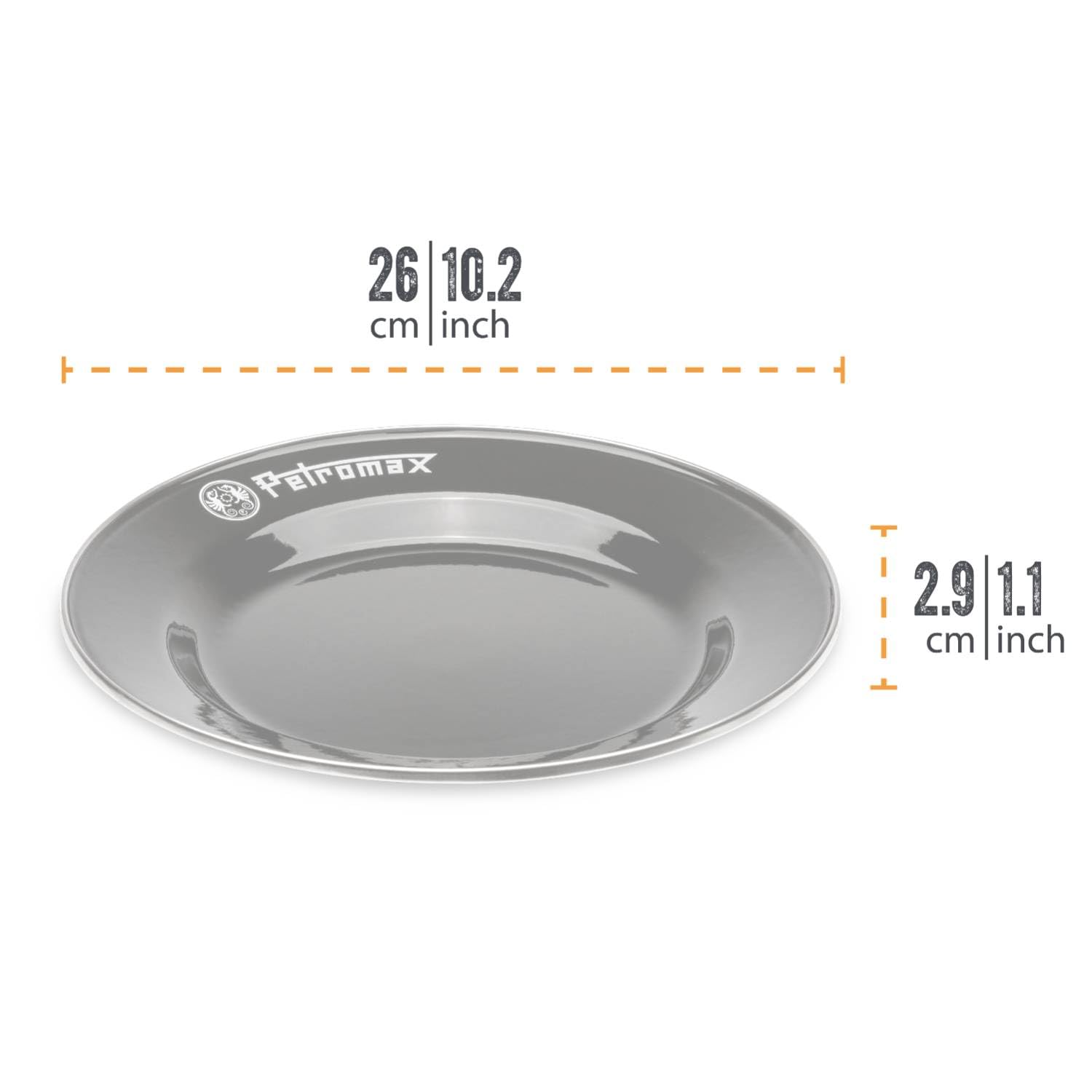 Petromax plate with stainless steel rim, highlighting durable, impact-resistant design